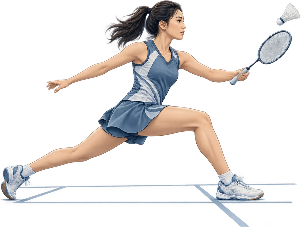 Illustration sobre d'une joueuse de badminton en position fléchie, fente avant, pieds ancrés sur un terrain, vue de côté.